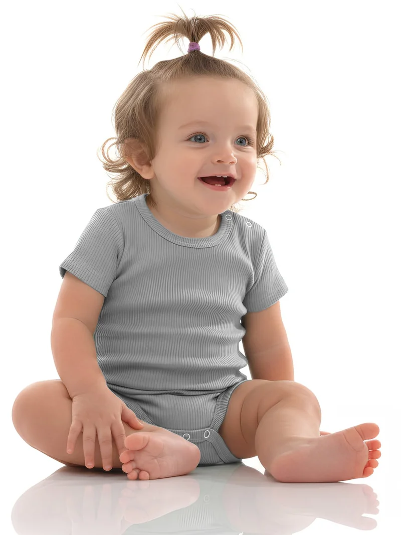 Babies Basic Babies Basic Ribbed Cotton Short Sleeves Romper, Gray